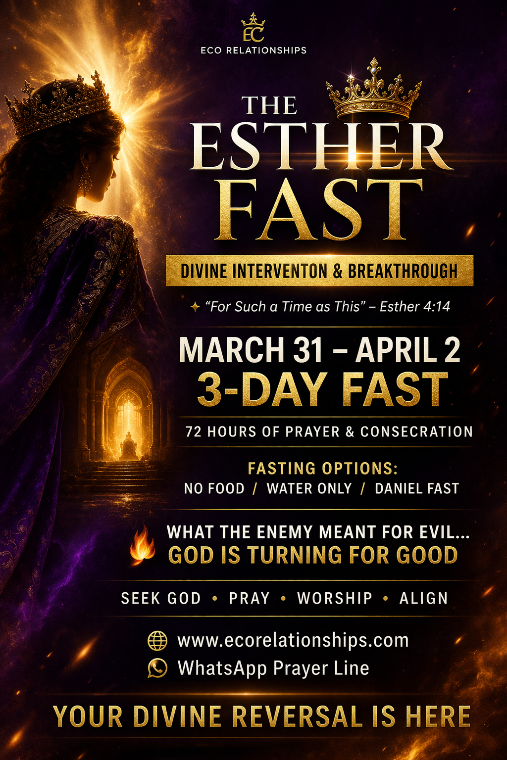 3-Day Esther Fast, March 31 to April 2, Divine Intervention and Breakthrough